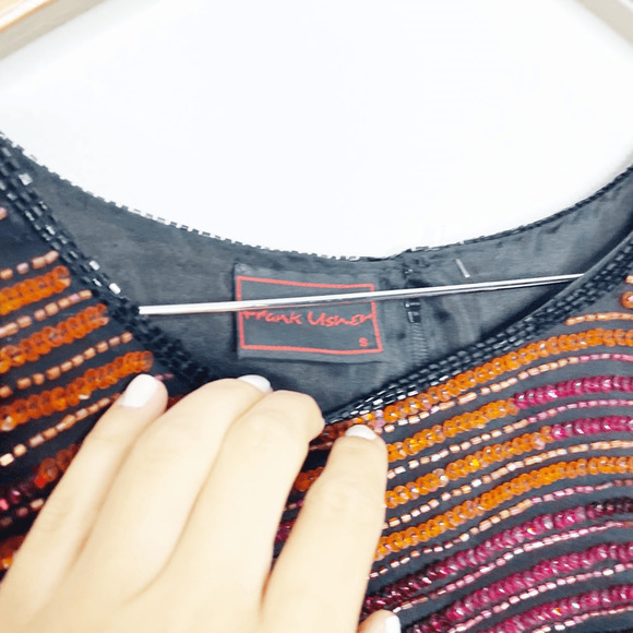 Vtg 80s FRANK USHER silk sequined beaded short sleeve blouse eras tour women's S - Picture 4 of 7